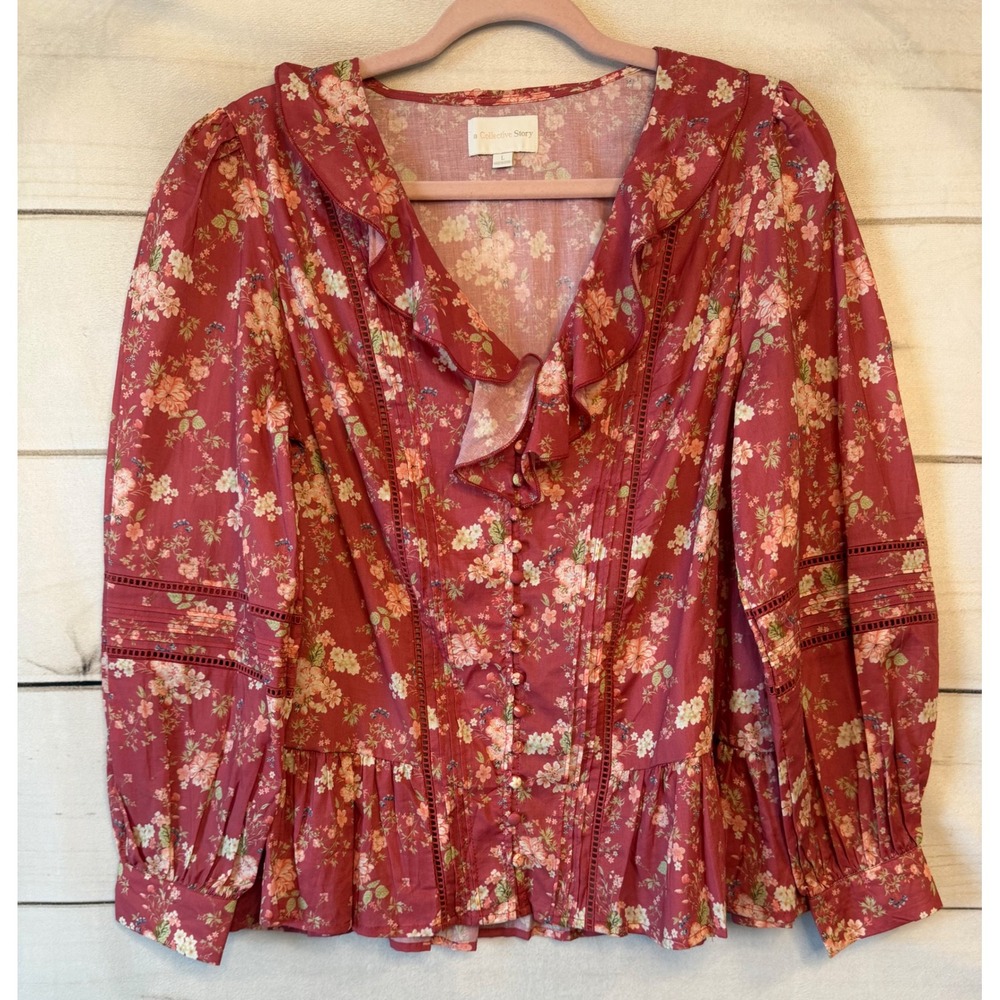A Collective Story Floral Ruffle Lace Cotton Blouse Red Large AW0074-603A